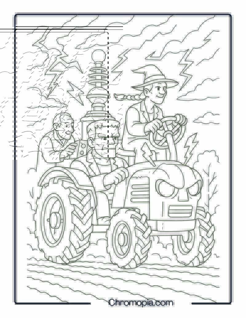 Frankenstein’s Lightning-Powered Tractor – Halloween Tractor Coloring Page
