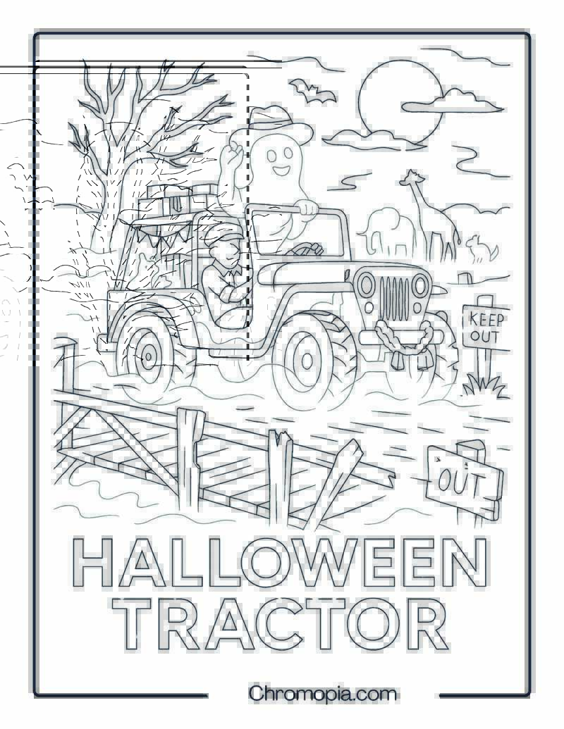 Ghostly Transparent Tractor Through Foggy Bridge – Halloween Tractor Coloring Page