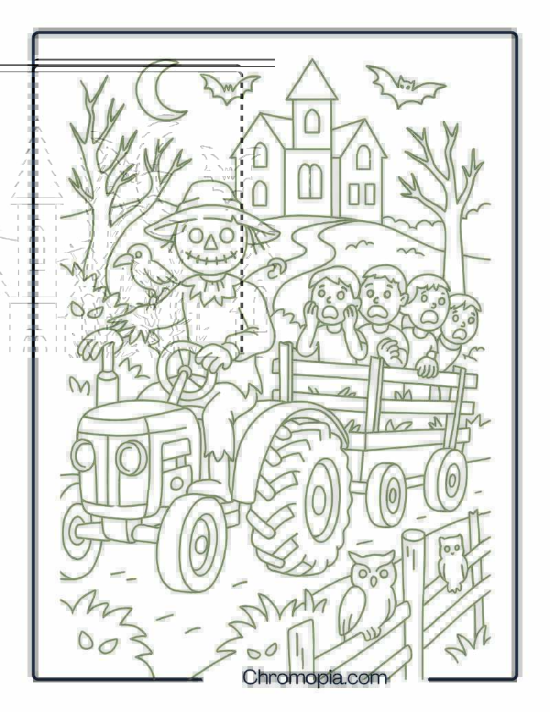 Haunted Hayride Tractor with Scarecrow Driver – Halloween Tractor Coloring Page