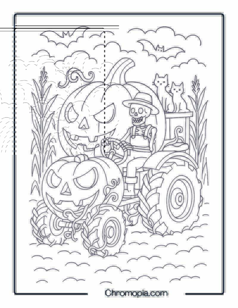 Haunted Pumpkin Tractor with Skeleton Driver – Halloween Tractor Coloring Page