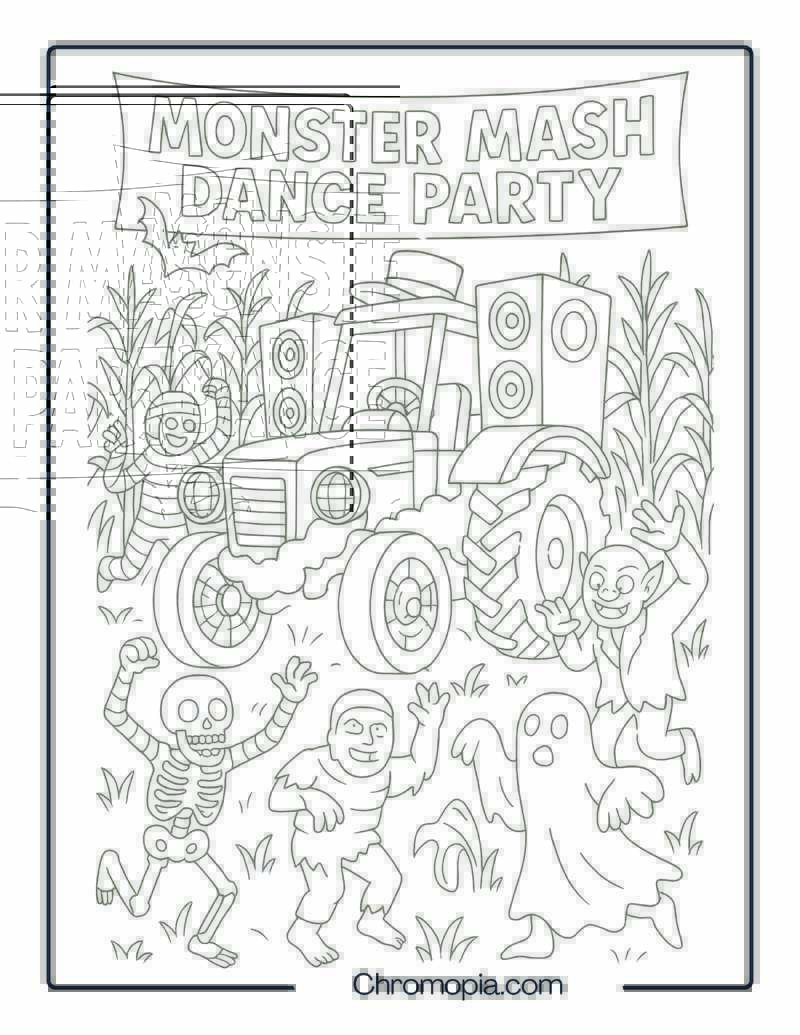 Monster Mash Dance Party Tractor – Halloween Tractor Coloring Page