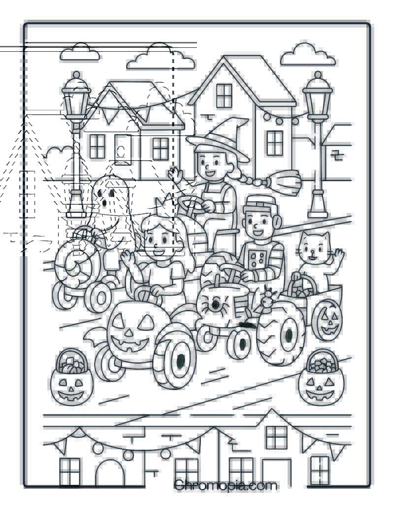 Trick-or-Treat Tractor Parade with Kids in Costumes – Halloween Tractor Coloring Page