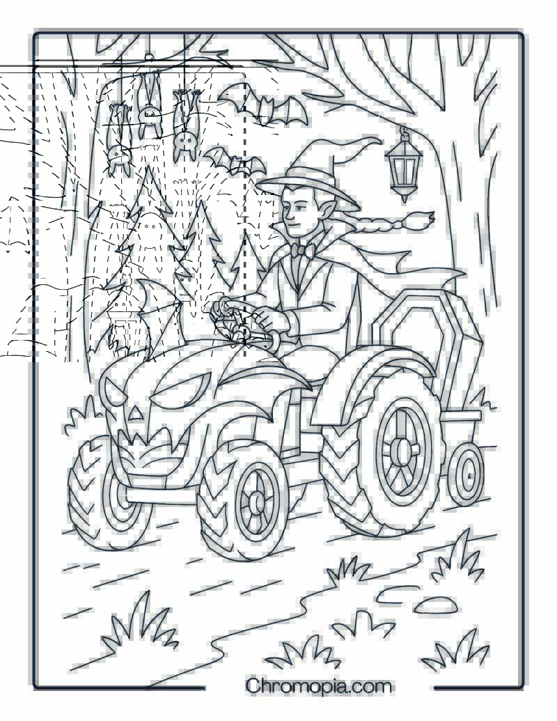 Vampire Bat Tractor with Coffin Trailer – Halloween Tractor Coloring Page