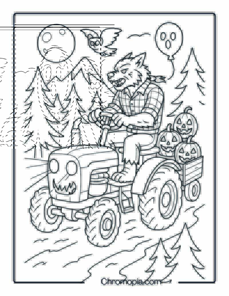 Werewolf Farmer on Midnight Tractor Ride – Halloween Tractor Coloring Page