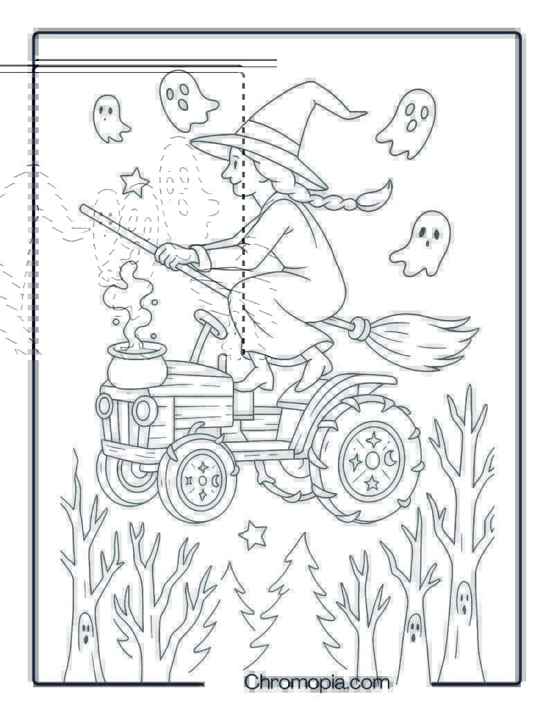 Witch Riding Broomstick-Controlled Tractor – Halloween Tractor Coloring Page
