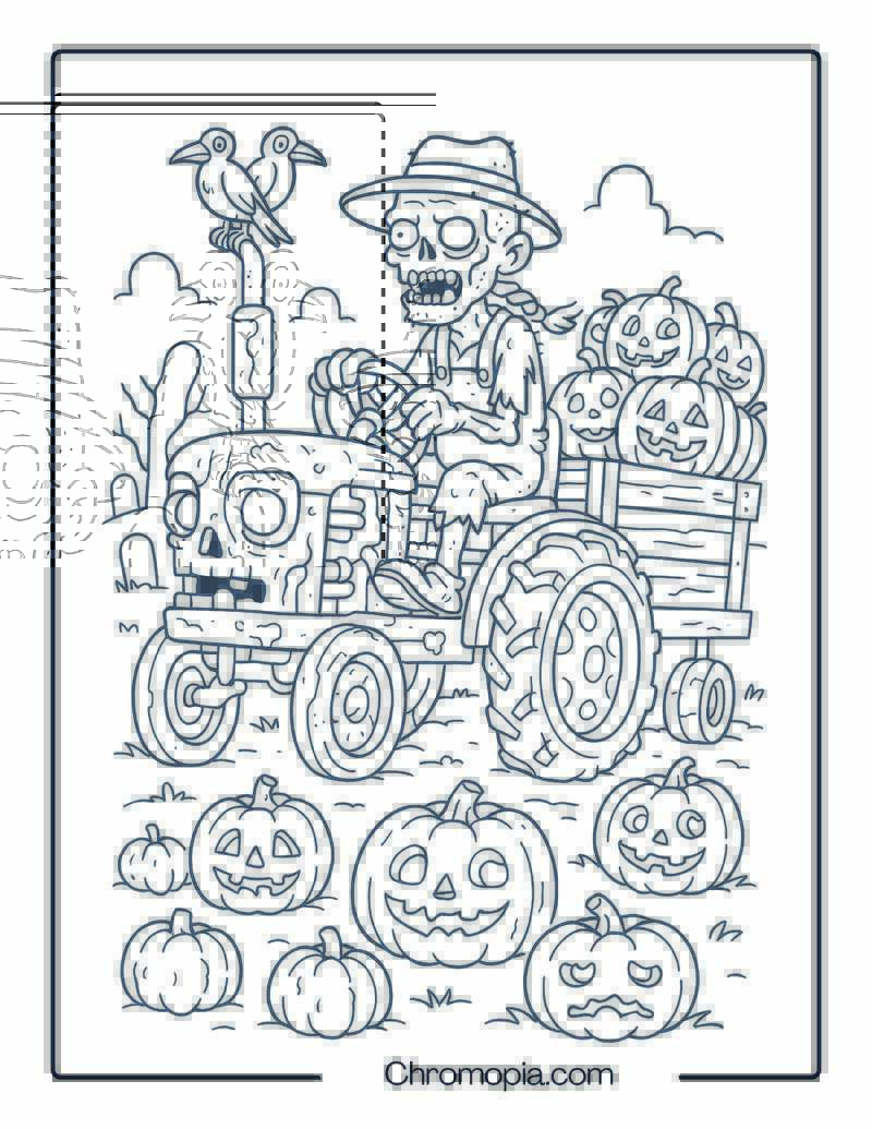 Zombie Farm Crew Harvesting Pumpkins – Halloween Tractor Coloring Page