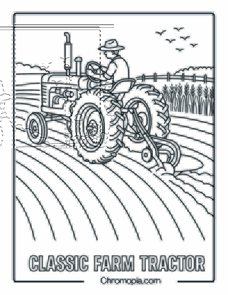 Classic Open-Cab Farm Tractor Plowing Wheat Field – Tractor Coloring Page
