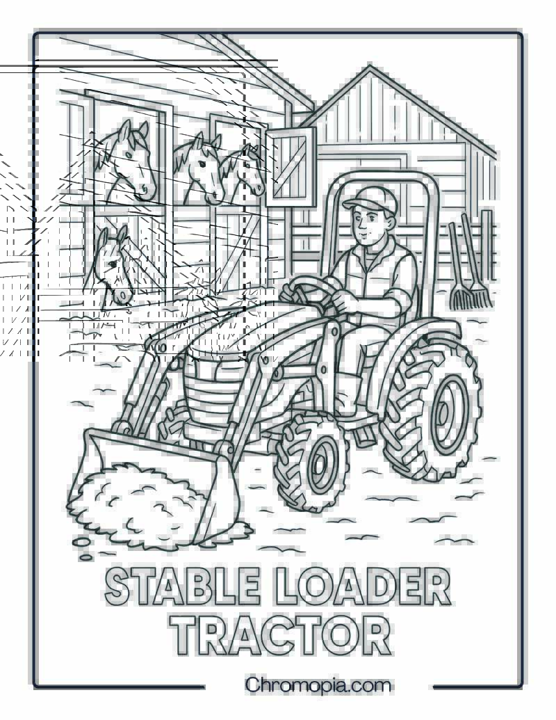 Compact Tractor Cleaning Stable Yard – Tractor Coloring Page