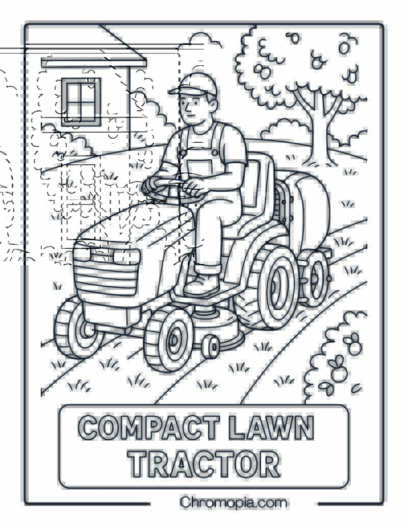 Compact Tractor on Suburban Lawn with Mower Deck – Tractor Coloring Page