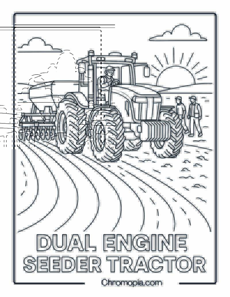 Dual-Engine Tractor Towing a Seeder in Prairie Landscape – Tractor Coloring Page