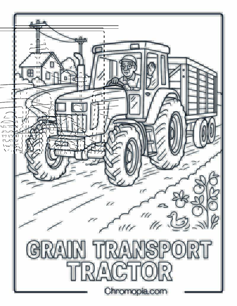 Enclosed-Cab Tractor Pulling Grain Trailer on Village Road – Tractor Coloring Page