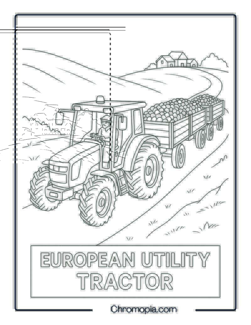European Utility Tractor with Multi-Trailer on Rural Road – Tractor Coloring Page
