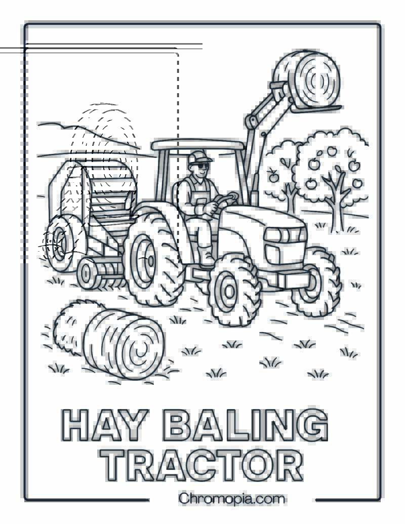 Hay Baling Tractor with Bale Loader in Action – Tractor Coloring Page
