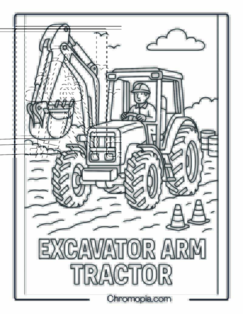 Heavy Duty Industrial Tractor with Excavator Arm – Tractor Coloring Page