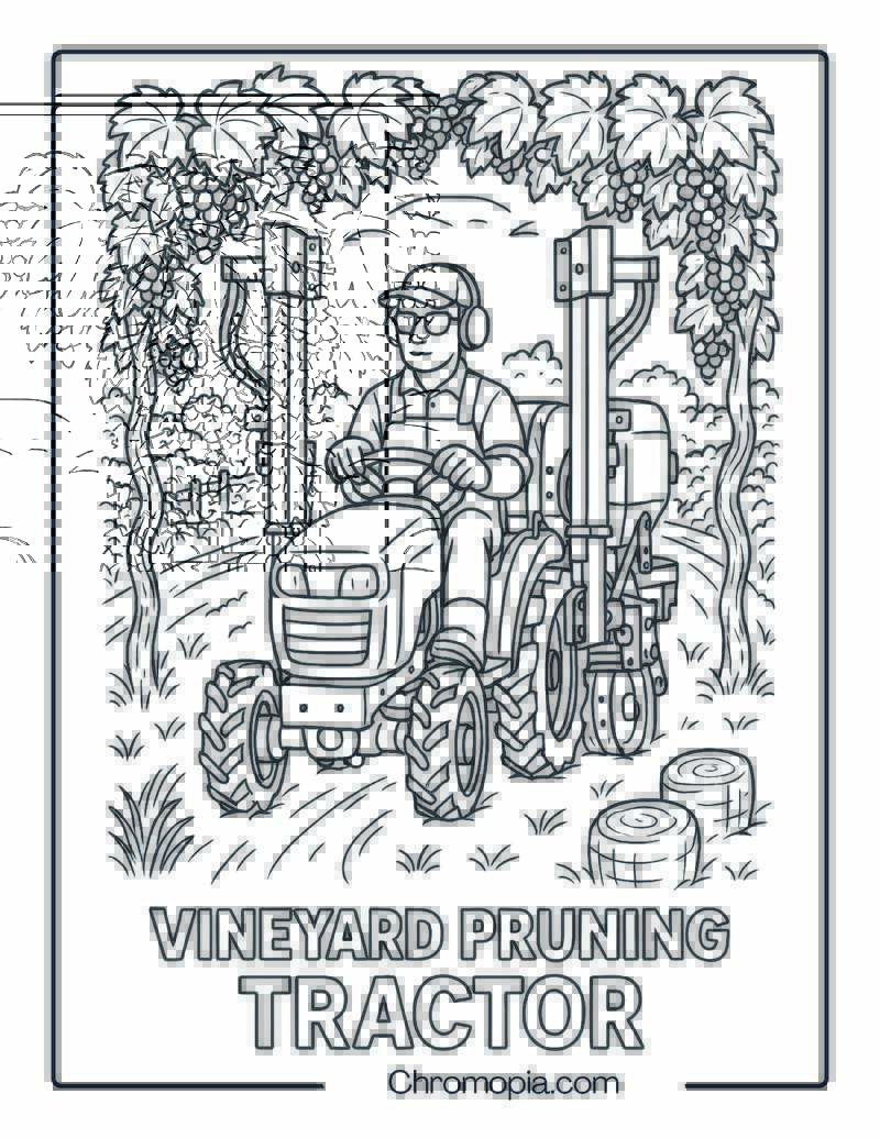 Multi-Attachment Vineyard Tractor with Grapevine Trimmer – Tractor Coloring Page
