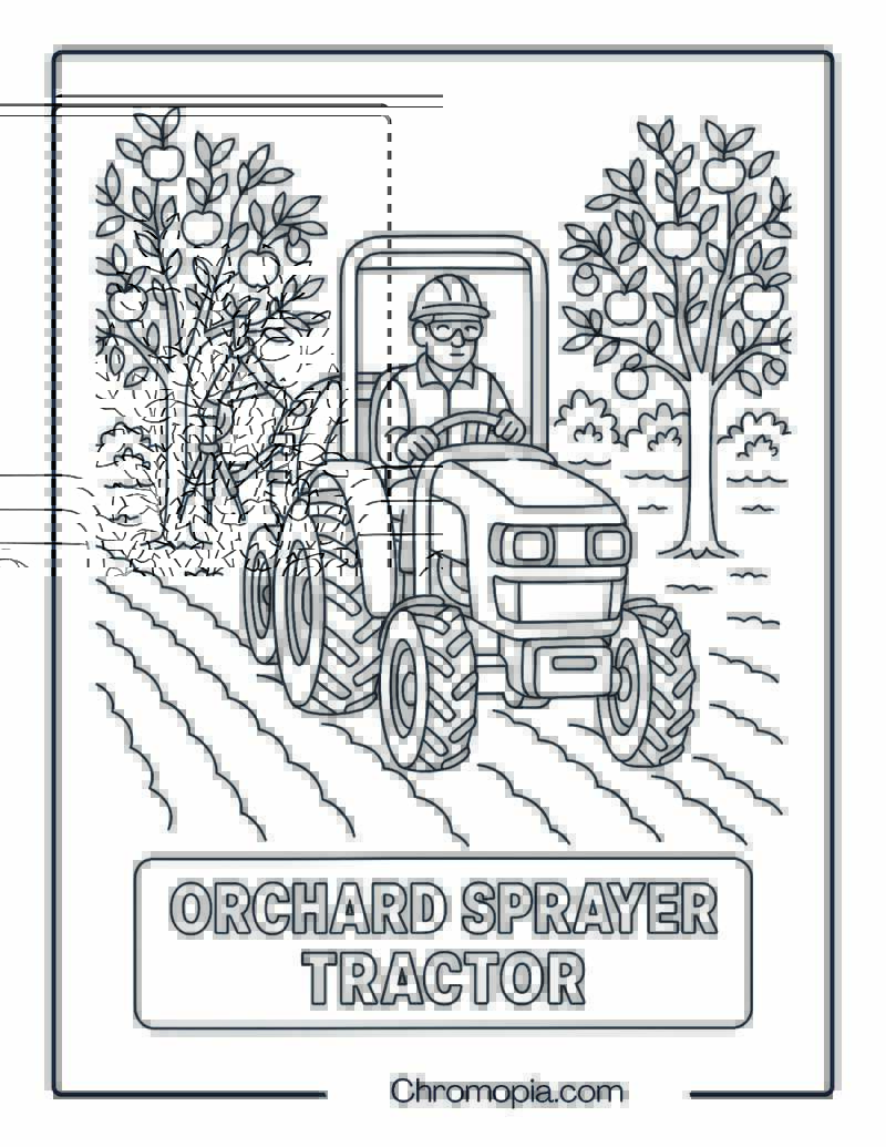 Orchard Tractor with Tree Sprayer Equipment – Tractor Coloring Page