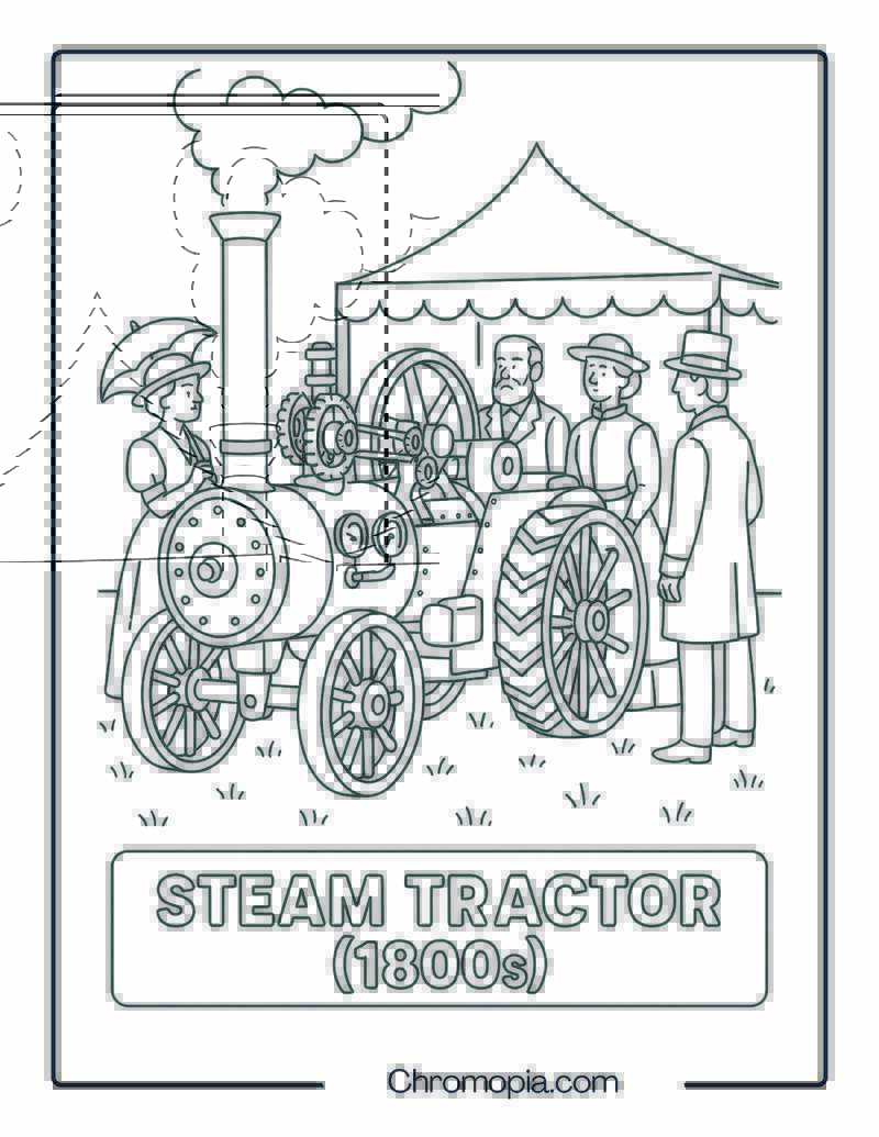 Retro Steam-Powered Tractor at Farming Expo – Tractor Coloring Page