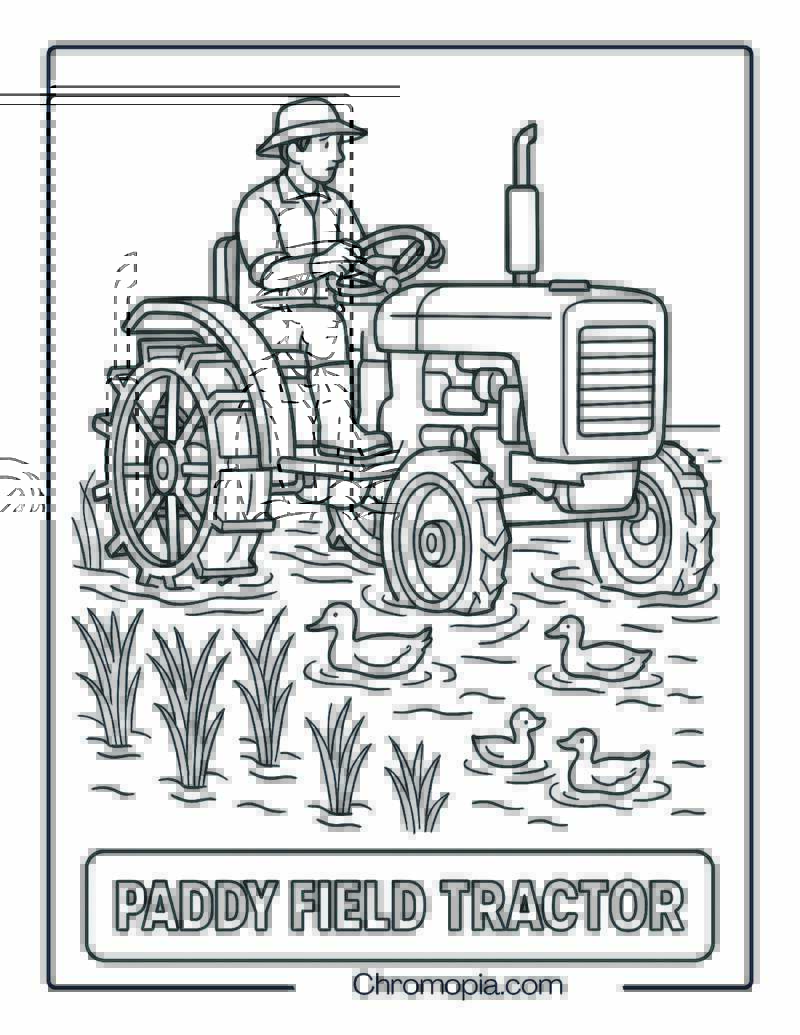 Rice Paddy Tractor with Water Treading Wheels – Tractor Coloring Page