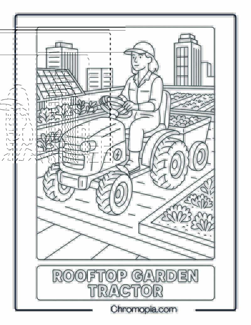 Rooftop Garden Tractor on Urban Building – Tractor Coloring Page