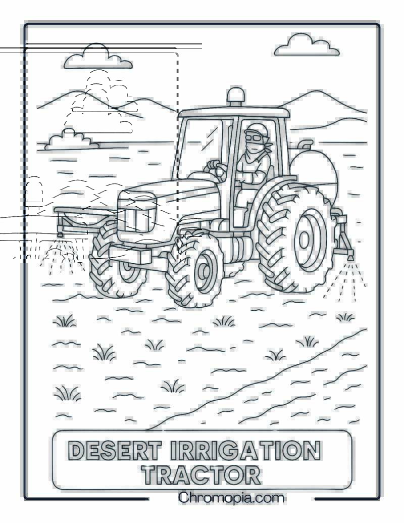 Tractor with Water Tank Sprayer in Desert Farmland – Tractor Coloring Page