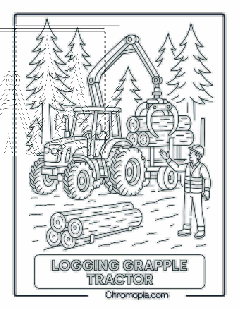 Twin-Tire Logging Tractor with Grapple Arm – Tractor Coloring Page