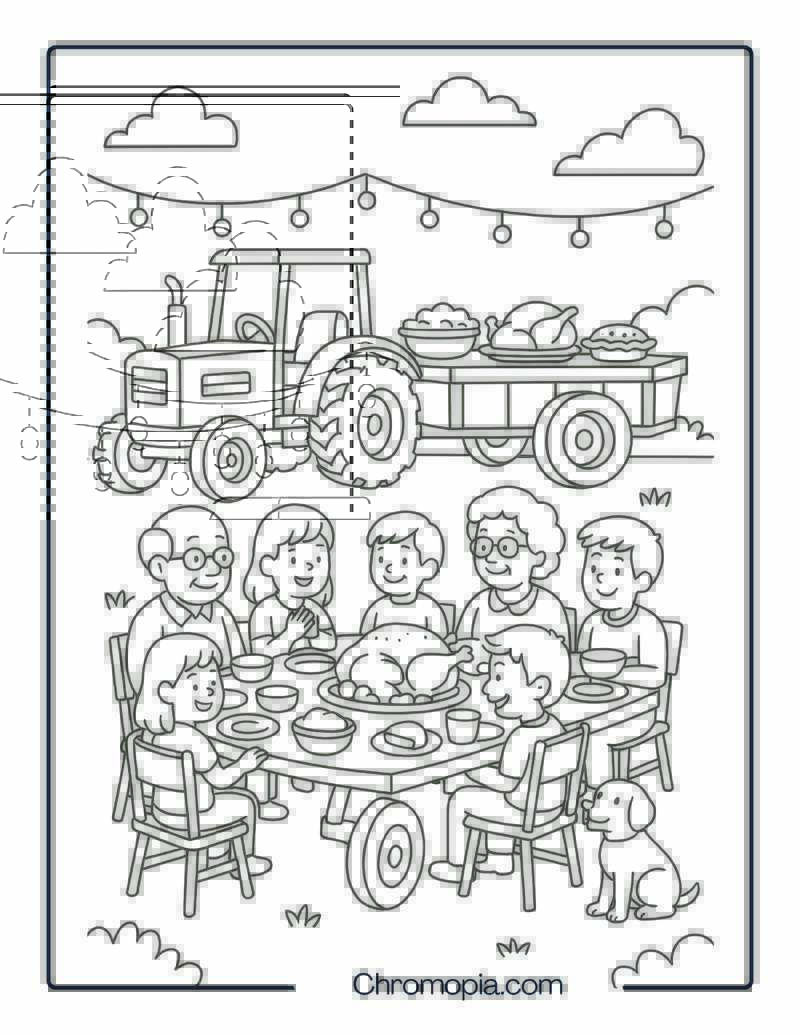 Family Gathering Around a Tractor Dinner Table – Thanksgiving Tractor Coloring Page