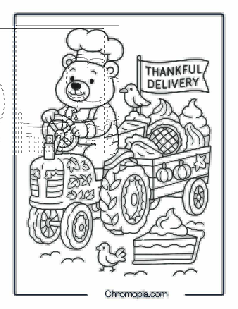 Giant Pie-Delivery Tractor with Chef Bear – Thanksgiving Tractor Coloring Page
