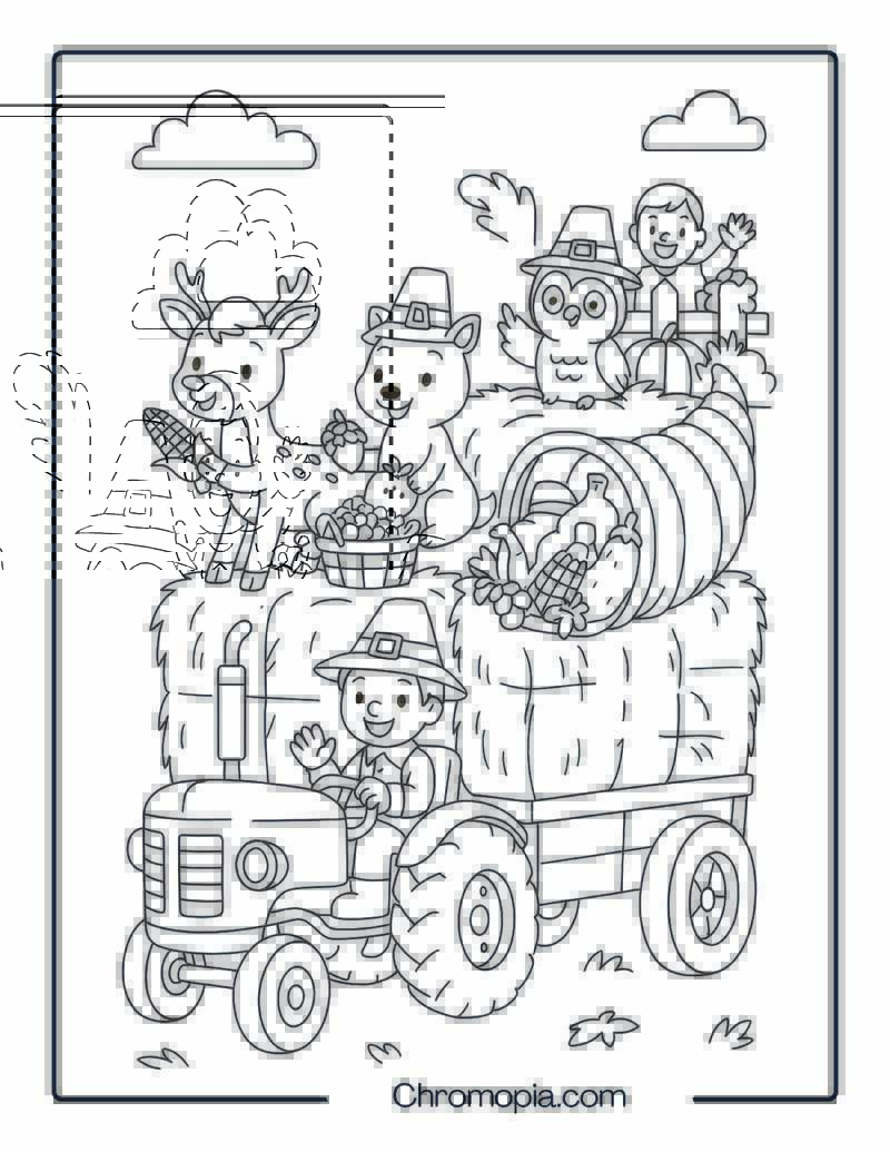 Happy Animal Picnic on Hay Bale Tractor Ride – Thanksgiving Tractor Coloring Page