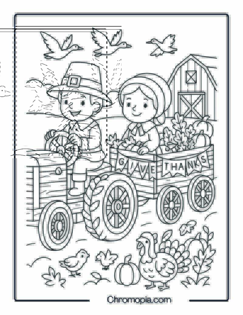 Pilgrim Kids on a Wooden Tractor Wagon Parade – Thanksgiving Tractor Coloring Page
