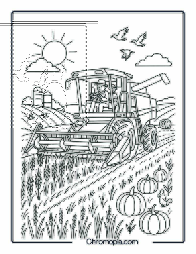 Realistic Harvest Tractor Plowing Wheat Field at Sunset – Thanksgiving Tractor Coloring Page