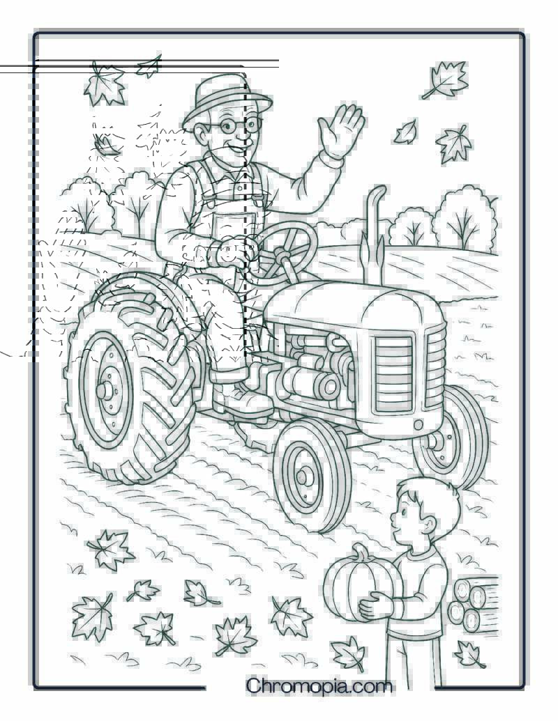 Realistic Old-Timey Harvest Tractor with Farmer Grandpa – Thanksgiving Tractor Coloring Page
