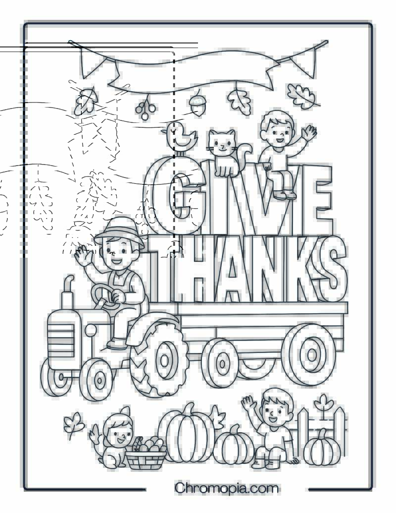 Thankful Message Tractor with Word Art Trailer – Thanksgiving Tractor Coloring Page