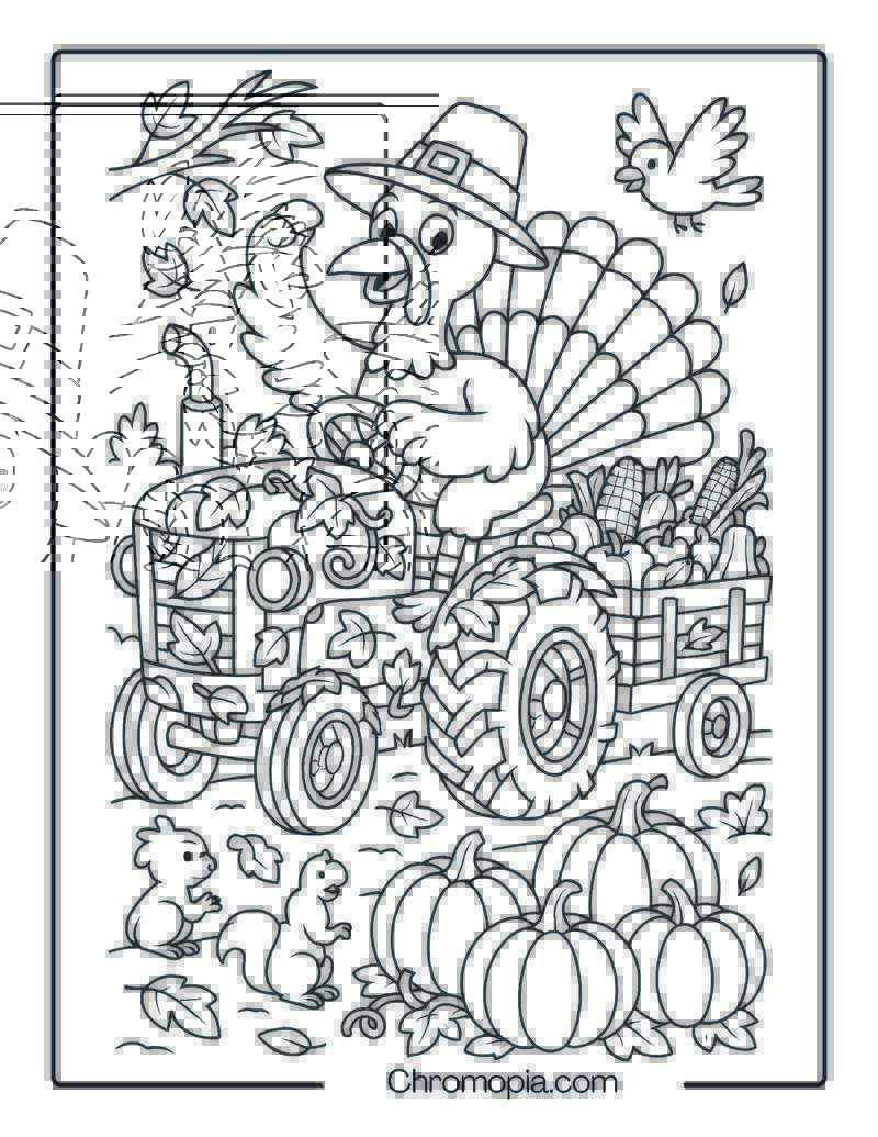 Turkey Farmer Driving Leaf-Covered Harvest Tractor – Thanksgiving Tractor Coloring Page