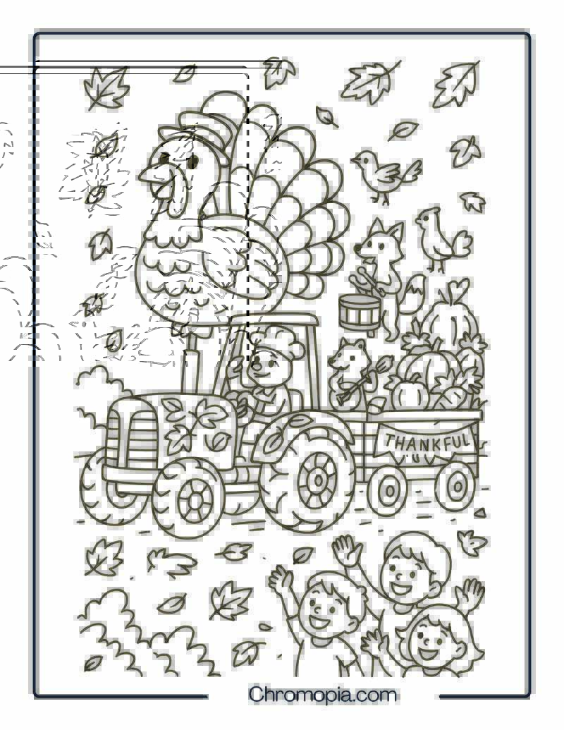 Turkey Parade Tractor with Marching Animal Band – Thanksgiving Tractor Coloring Page