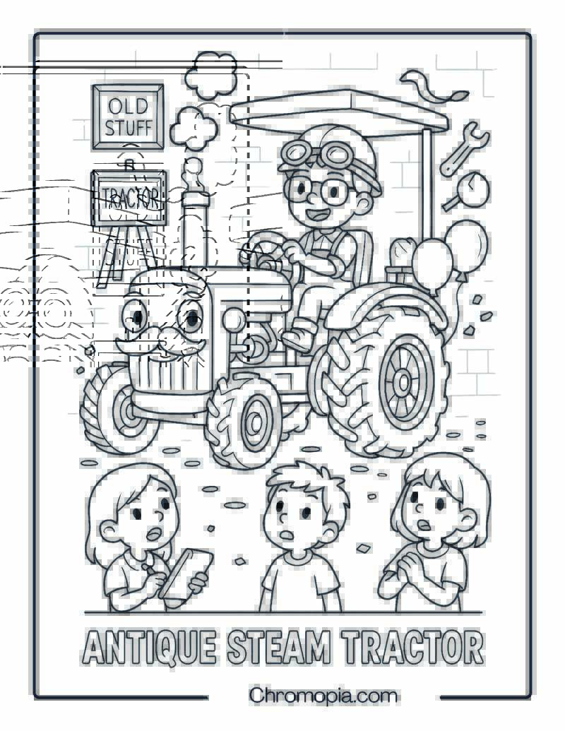 Antique Steam Tractor in Funny Museum Tour – Antique Tractor Coloring Page