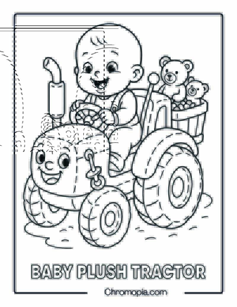Baby Driving a Soft-Padded Plush Tractor – Cartoon Style Tractor Coloring Page