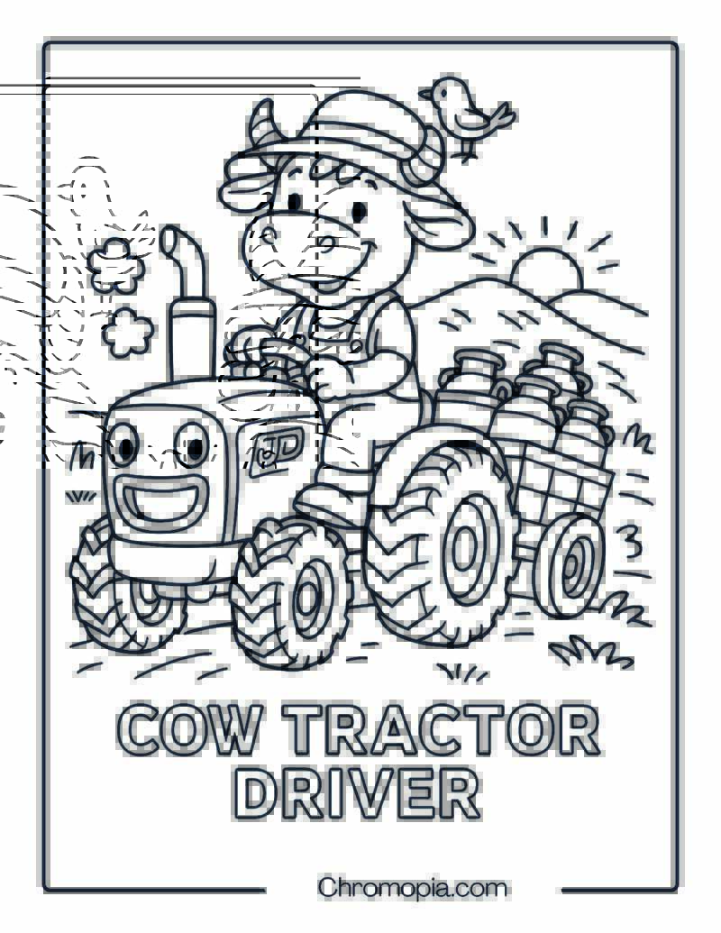 Cow Driving a Tractor Full of Milk Cans – Cow and Tractor Coloring Page