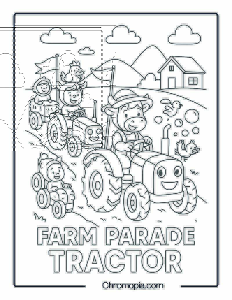 Farm Tractor Parade with Kids in Costumes – Farm Tractor Coloring Page