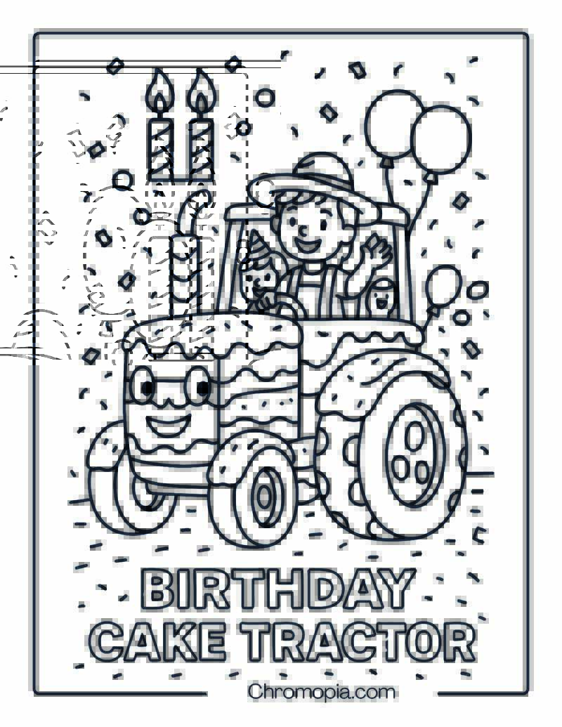 Giant Cake Tractor with Candles and Kids Riding – Happy Birthday Tractor Coloring Page