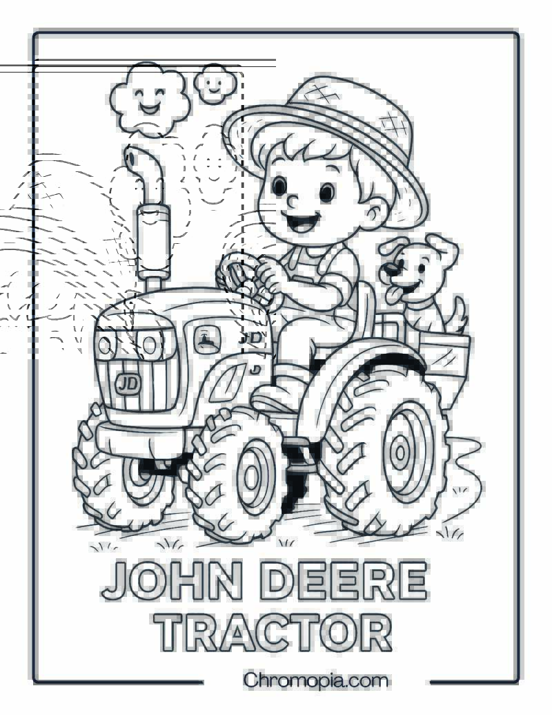 John Deere Tractor with Smiling Kid Farmer Driving – John Deere Tractor Coloring Page
