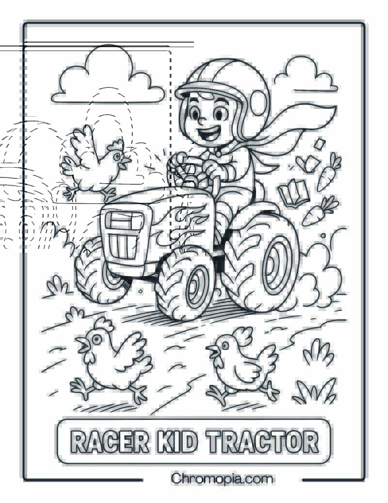 Kid Racer Tractor in Speed Contest with Chickens – Cartoon Racer Tractor Coloring Page