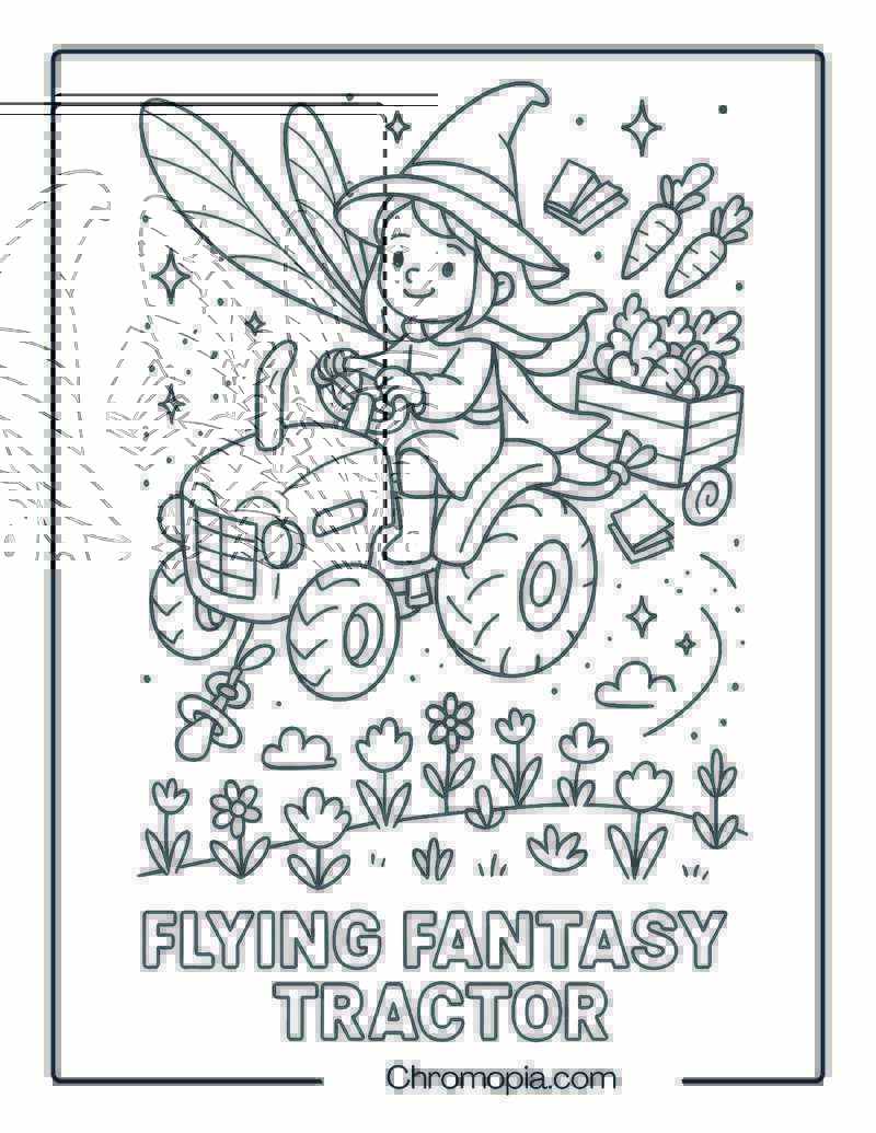 Magical Flying Tractor with Wings and Sparkles – Fantasy Tractor Coloring Page