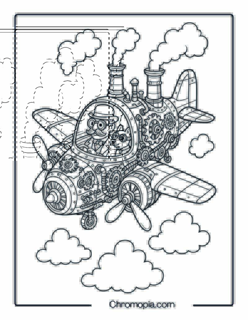 Vintage Steampunk Jet Coloring Page