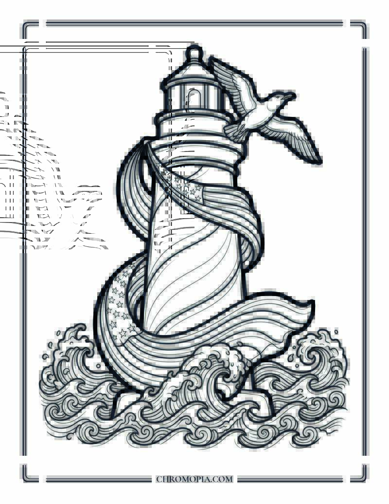 American Lighthouse With 4th Of July Bunting Coloring Page