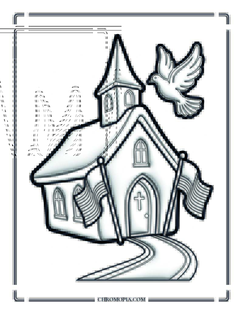 Little Country Church On The 4th Of July Coloring Page