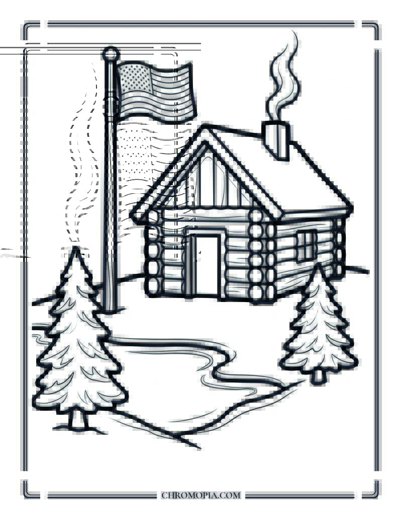 Lakeside Cabin Flying The American Flag Coloring Page