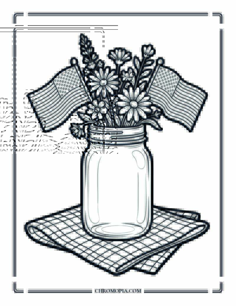 Mason Jar Of Wildflowers And Mini American Flags Coloring Page