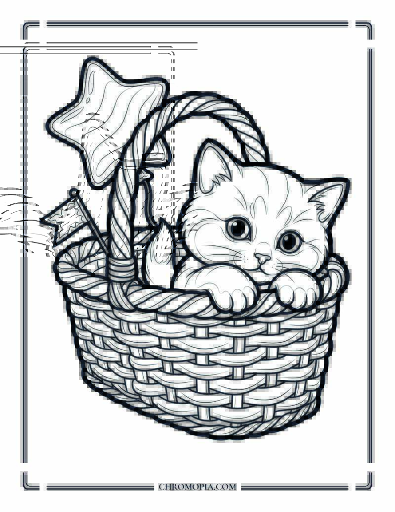 Kitten Peeking Out Of A 4th Of July Picnic Basket Coloring Page