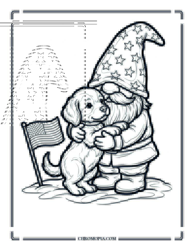 Patriotic Gnome Hugging His Puppy On The 4th Of July Coloring Page