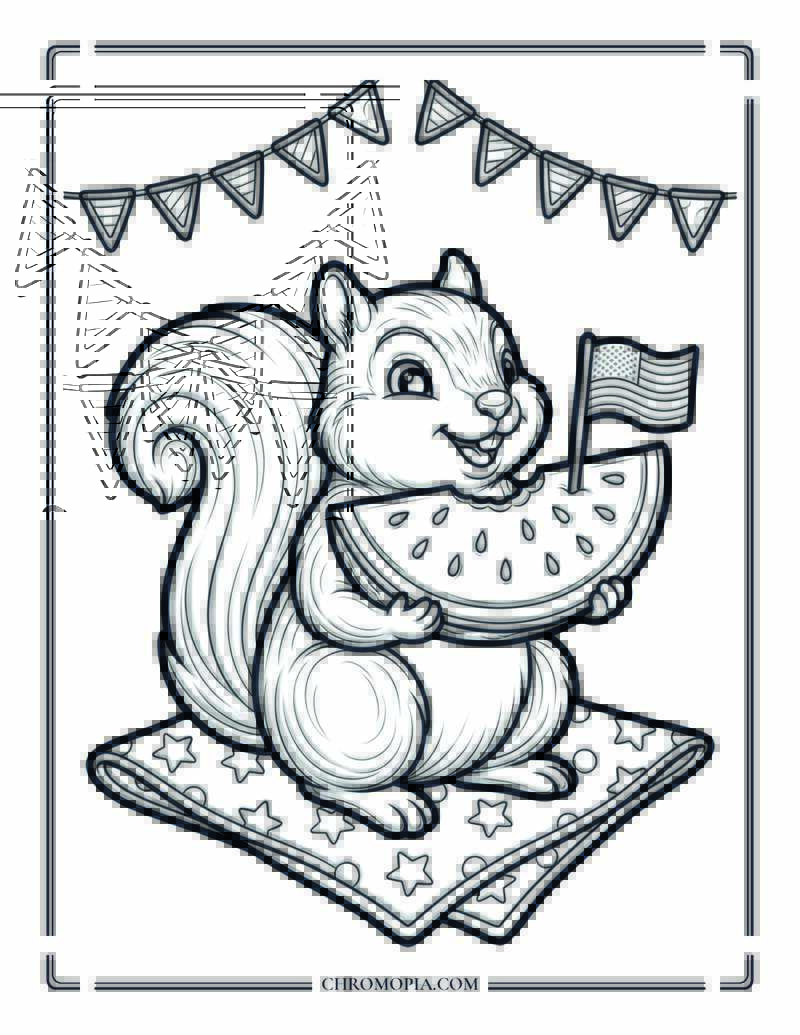 Squirrel 4th Of July Watermelon Picnic Coloring Page